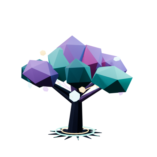 A sculptural Chrono tree with turquoise and violet leaves
